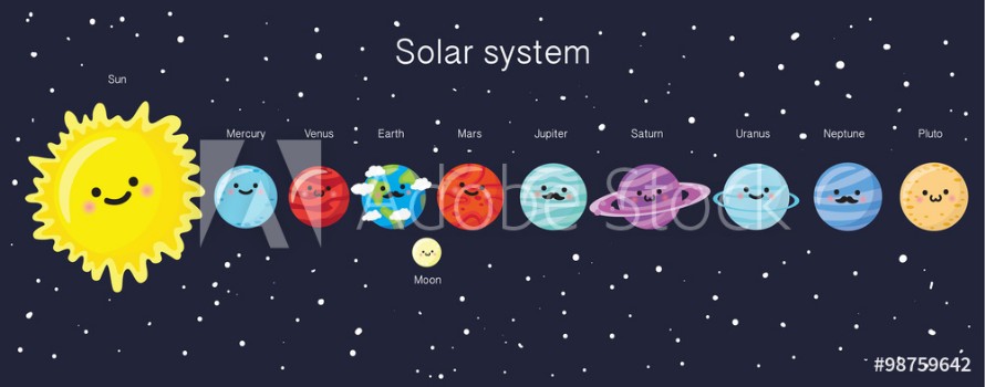 Picture of Solar system with cute smiling planets sun and moon